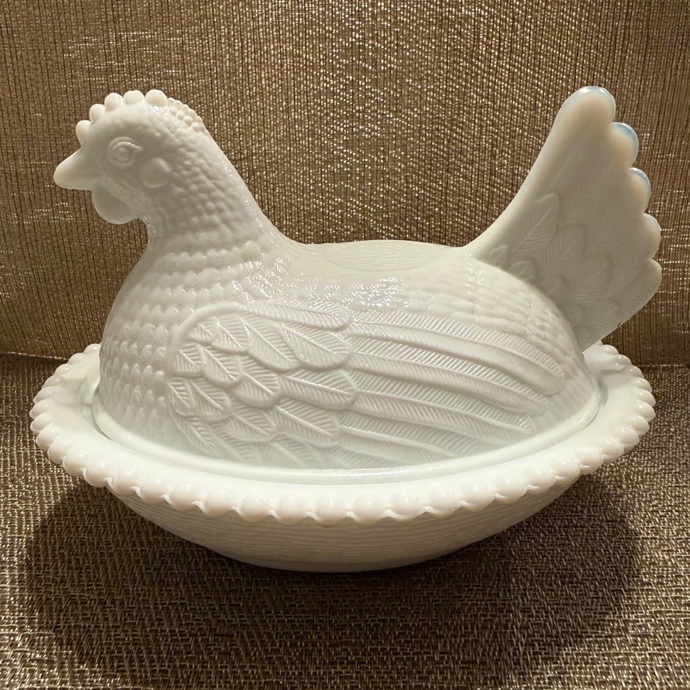 White Hen Covered Serving Dish - Classic Milk Glass